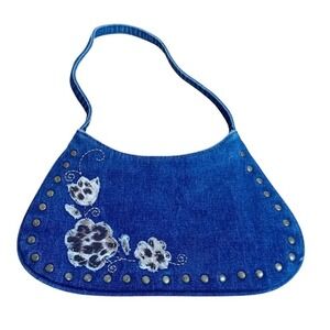 Y2K Dark‎ Denim Studded Animal Print Leopard Floral Purse Handbag Mcbling 10"